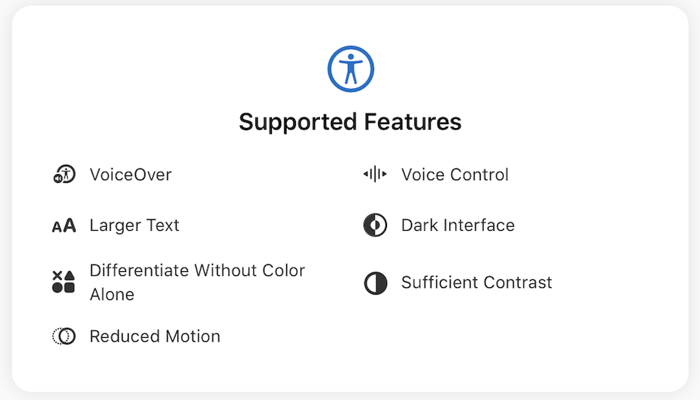 App Store accessibility panel showing WeFrames supported features: VoiceOver, Voice Control, Larger Text, Dark Interface, Differentiate Without Color Alone, Sufficient Contrast, and Reduced Motion on both iPhone and iPad
