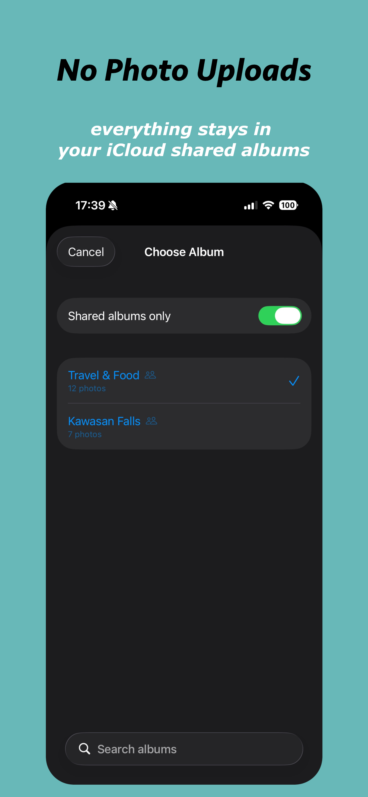 WeFrames settings screen showing iCloud shared album selection