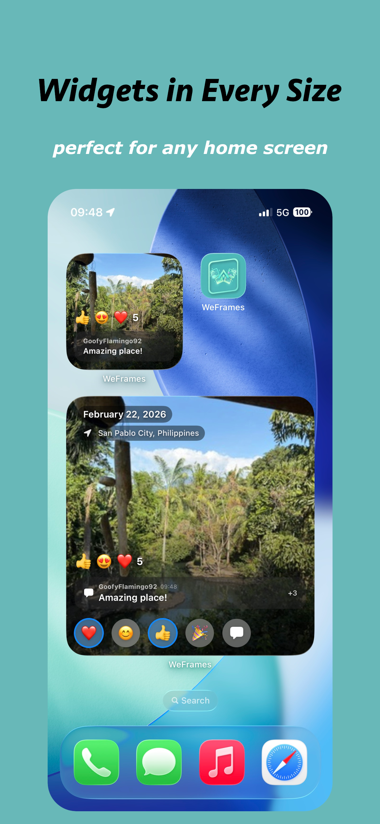 WeFrames widgets in multiple sizes on an iPhone home screen