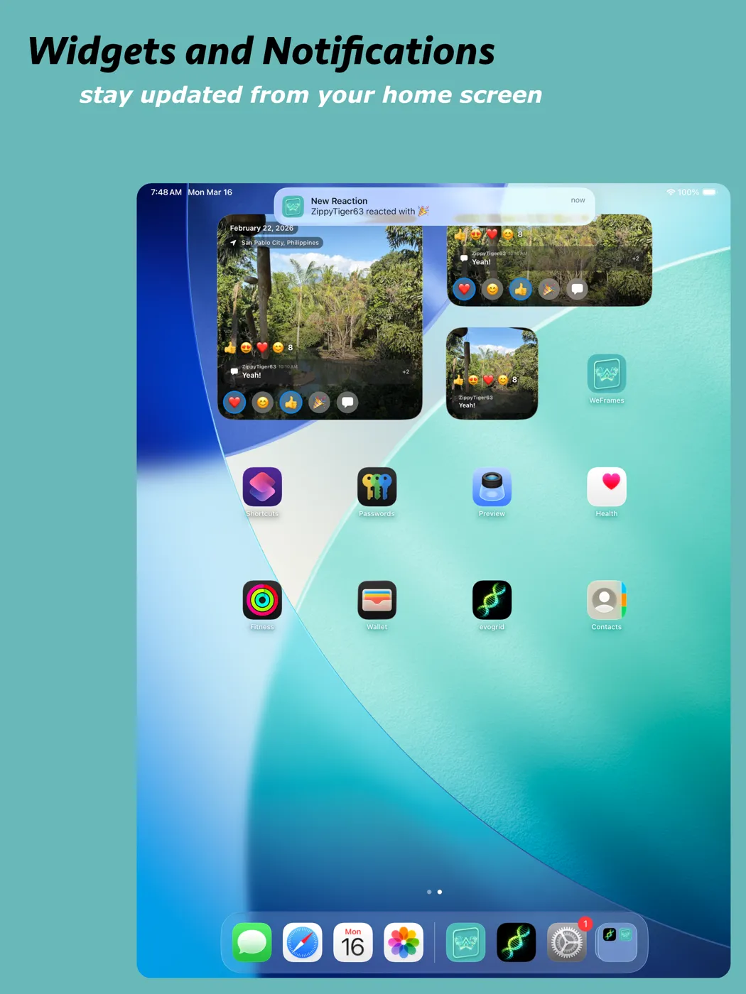 WeFrames widgets and notifications on iPad home screen