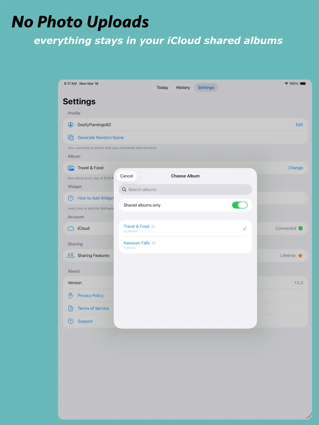 WeFrames settings showing iCloud shared album selection on iPad
